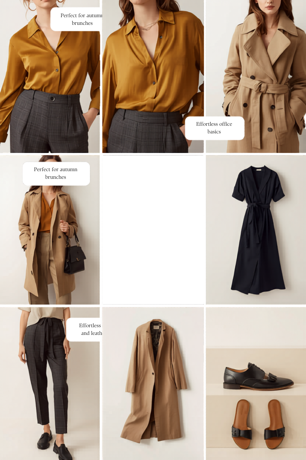 Curated capsule featuring autumn office basics — silk blouse, tailored trousers, trench coat, midi dress, and leather loafers.